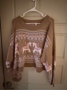 Urban Outfitters Camel & Pink Fair Isle Unicorn Crewneck Sweater